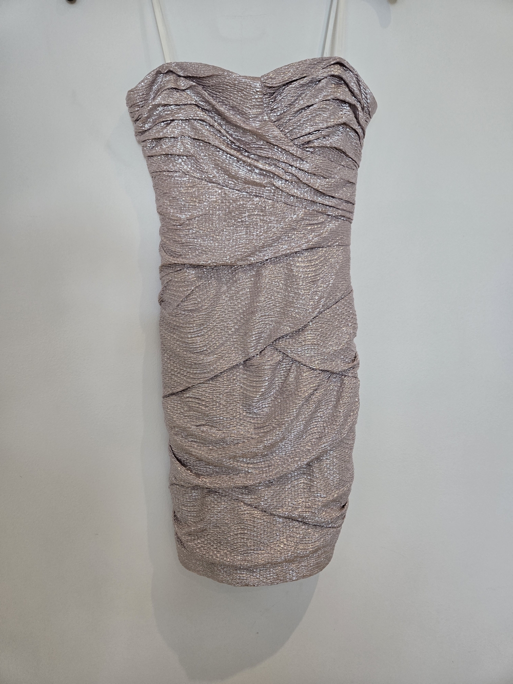 City Triangles Strapless Shimmer Ruched Dress in Blush Taupe